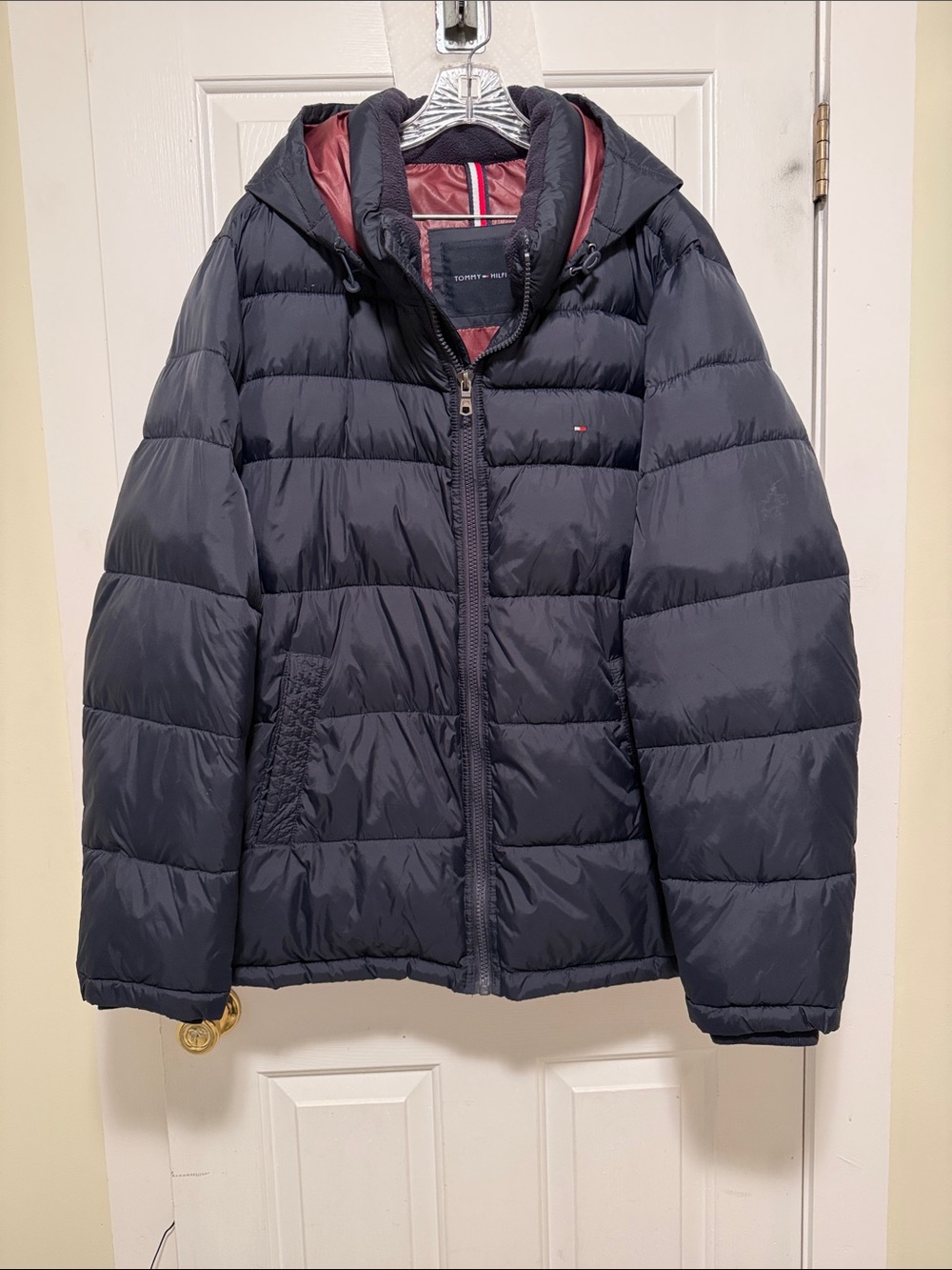 Tommy Hilfiger Dark Blue Hooded Puffer Jacket with Red Lining